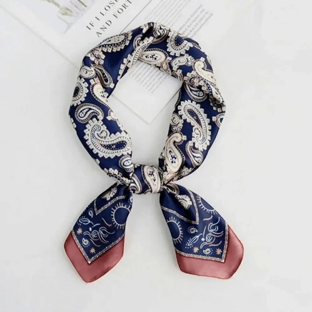 Women's Fashion Satin Blue Mulberry Printing Silky Scarf